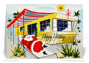Swirly World Christmas Cards - Step back in time with our vintage holiday card, featuring a relaxed Santa by a 1950s MCM trailer in the desert. Authentic mid-century typography and customizable text make this card a nostalgic, sun-soaked twist on traditional holiday greetings, perfect for clients and retro enthusiasts alike.