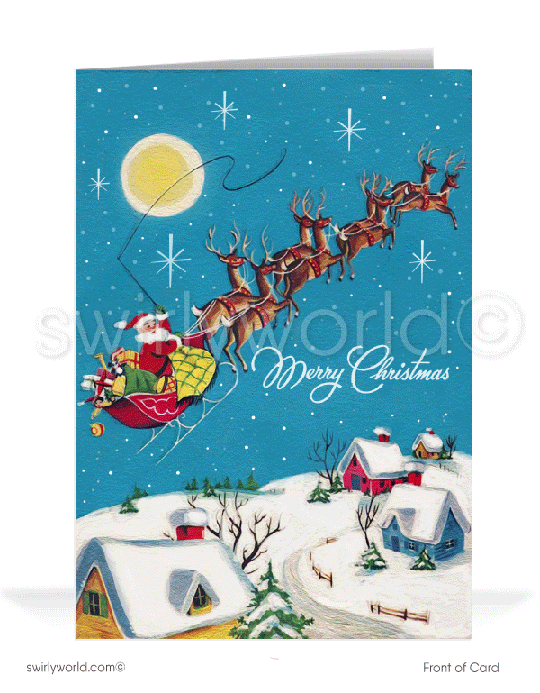 1950's Mid-Century Modern Vintage Santa Claus Merry Christmas Holiday Greeting Cards for Business Customers. old fashioned santa claus merry christmas greeting cards