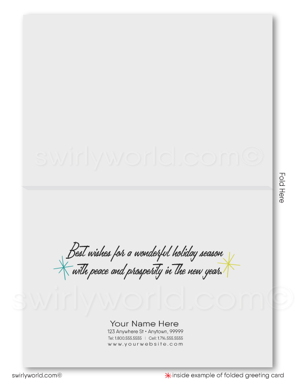 Swirly World Christmas Cards - Step into 1950s charm with our Atomic Christmas cards, showcasing mid-century candlestick motifs, starbursts, and vibrant colors. Perfect for adding a nostalgic touch to holiday greetings, these premium, customizable cards bring retro holiday cheer to clients and loved ones alike.