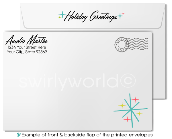 Customizable Atomic Christmas Holiday Cards with Mid-Century Candlesticks and Starbursts