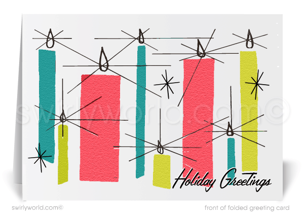 Swirly World Christmas Cards - Step into 1950s charm with our Atomic Christmas cards, showcasing mid-century candlestick motifs, starbursts, and vibrant colors. Perfect for adding a nostalgic touch to holiday greetings, these premium, customizable cards bring retro holiday cheer to clients and loved ones alike.