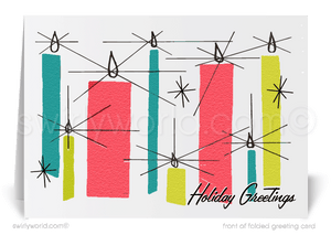 Swirly World Christmas Cards - Step into 1950s charm with our Atomic Christmas cards, showcasing mid-century candlestick motifs, starbursts, and vibrant colors. Perfect for adding a nostalgic touch to holiday greetings, these premium, customizable cards bring retro holiday cheer to clients and loved ones alike.