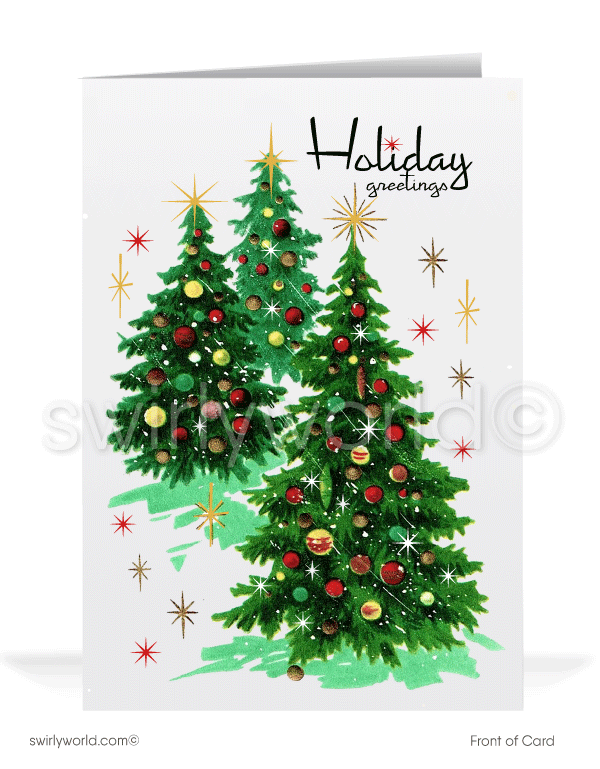 1950's style retro mid-century vintage Merry Christmas Trees holiday greeting cards.