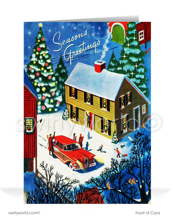 Retro vintage Merry Christmas 1950s Old Fashioned style home for the holidays printed greeting cards.