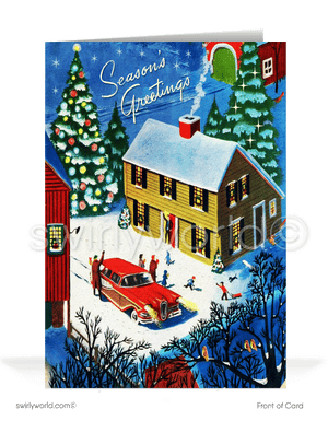 Retro vintage Merry Christmas 1950s Old Fashioned style home for the holidays printed greeting cards.
