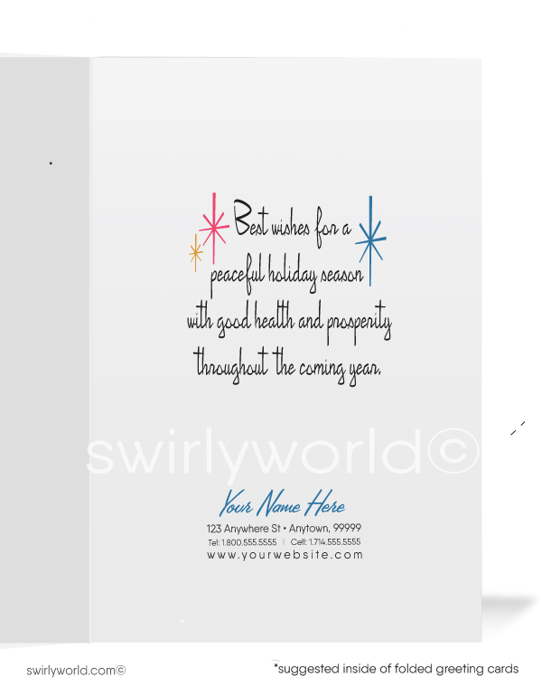 1960s retro mid-century modern watercolor white Christmas tree in forest printed holiday cards.