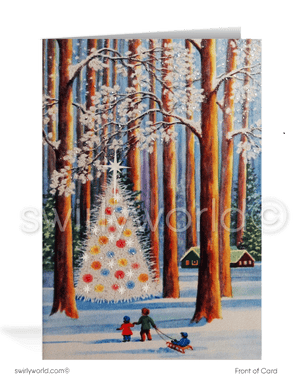 1960s retro mid-century modern watercolor white Christmas tree in forest printed holiday cards.