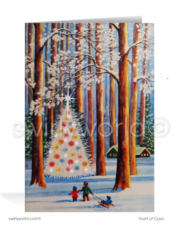 1960s retro mid-century modern watercolor white Christmas tree in forest printed holiday cards.