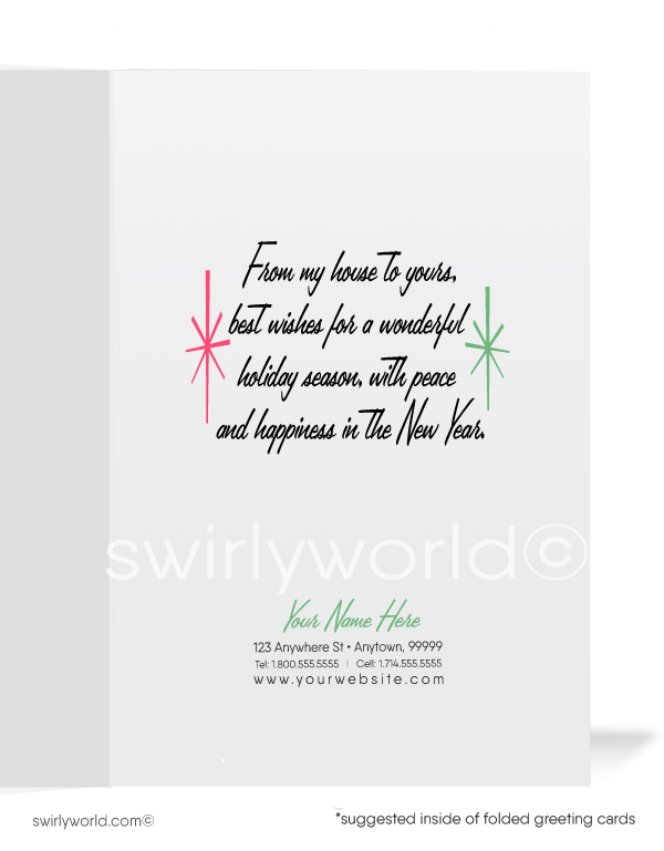 Pink Atomic Vintage 1950's Retro House Victorian Christmas Holiday Cards.