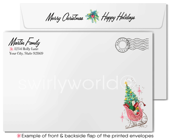 Vintage Mid-Century Christmas Card - 1950s Victorian Pink House with Festive Decor & Atomic Retro Accents