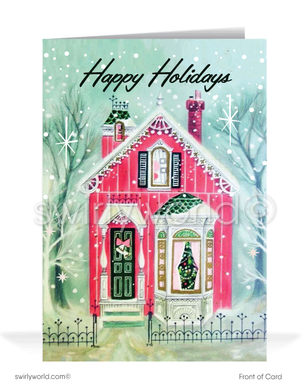 Pink Atomic Vintage 1950's Retro House Victorian Christmas Holiday Cards.