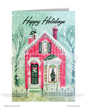 Pink Atomic Vintage 1950's Retro House Victorian Christmas Holiday Cards.