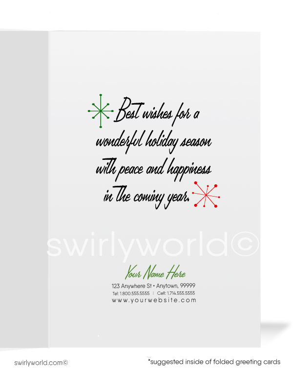 Vintage-style Christmas card with a woman holding gifts against a black background with white stars.