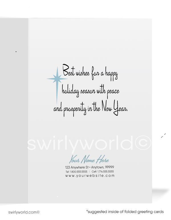 Celebrate the holidays with a vintage Christmas card featuring a winter city snowscape, town Christmas tree, holiday shoppers, and MCM-inspired buildings.