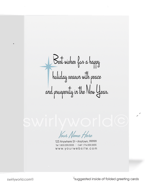 Vintage Christmas Card with Winter City Snowscape, Town Tree, Holiday Shoppers, and Mid-Century Modern Buildings