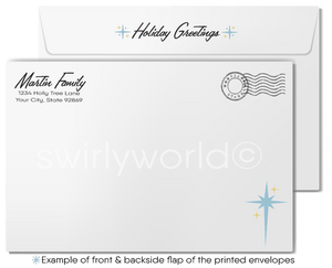 Vintage Christmas Card with Winter City Snowscape, Town Tree, Holiday Shoppers, and Mid-Century Modern Buildings