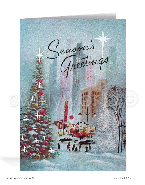 Celebrate the holidays with a vintage Christmas card featuring a winter city snowscape, town Christmas tree, holiday shoppers, and MCM-inspired buildings.