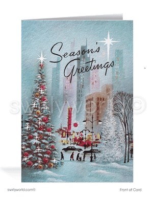 Celebrate the holidays with a vintage Christmas card featuring a winter city snowscape, town Christmas tree, holiday shoppers, and MCM-inspired buildings.