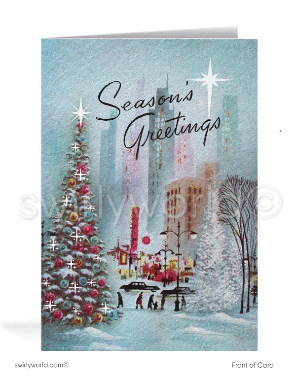 1960s Mid-Century Modern Watercolor Retro Vintage Merry Christmas Holiday Cards
