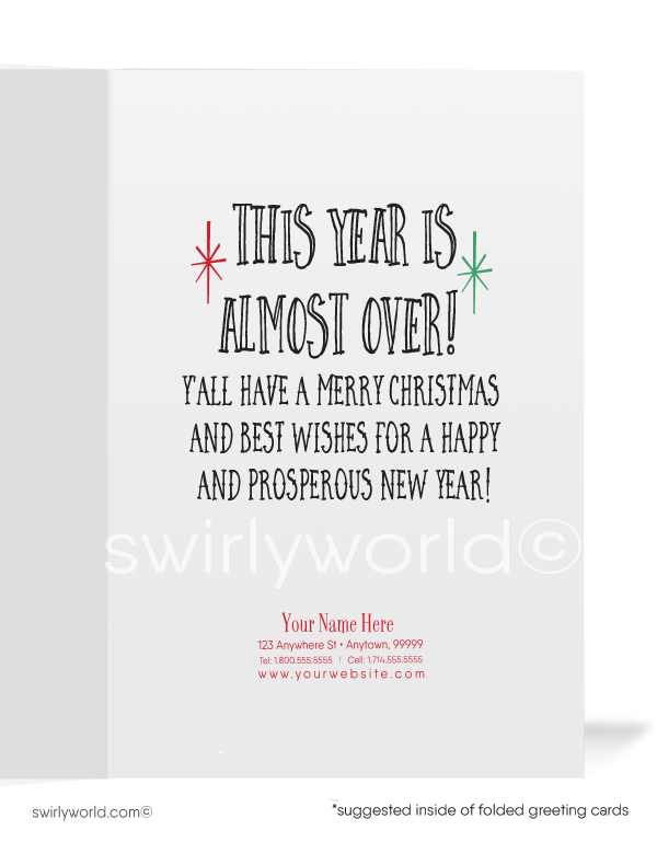 Celebrate Christmas with a 1950s vintage western card featuring Cowboy Santa, candy cane guns, and atomic starbursts. Perfect for retro holiday charm lovers!