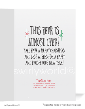 1950s Vintage Western Cowboy Santa Christmas Card – Retro Holiday Charm with Atomic Starbursts & Candy Cane Guns