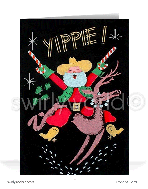 Celebrate Christmas with a 1950s vintage western card featuring Cowboy Santa, candy cane guns, and atomic starbursts. Perfect for retro holiday charm lovers!