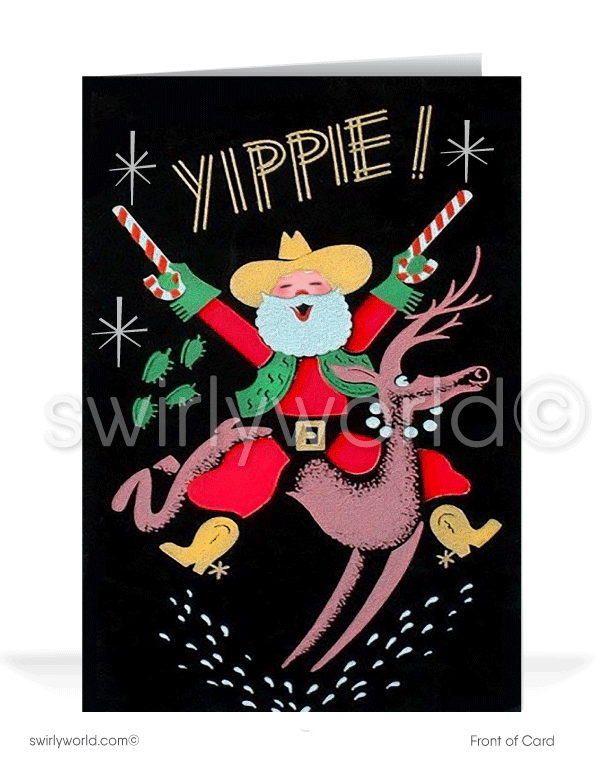 Funny 1950's vintage western cowboy old fashioned country Santa Claus y'all have a Merry Christmas holiday greeting card.
