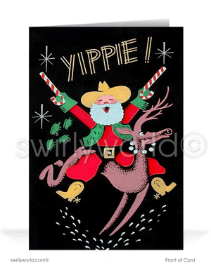 Celebrate Christmas with a 1950s vintage western card featuring Cowboy Santa, candy cane guns, and atomic starbursts. Perfect for retro holiday charm lovers!