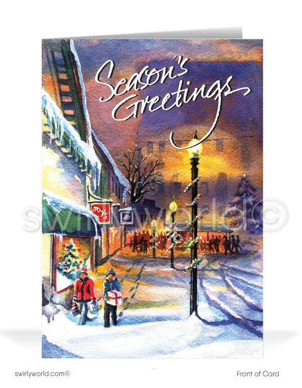 Traditional Watercolor Small Town Cityscape Christmas Holiday Greeting Cards.