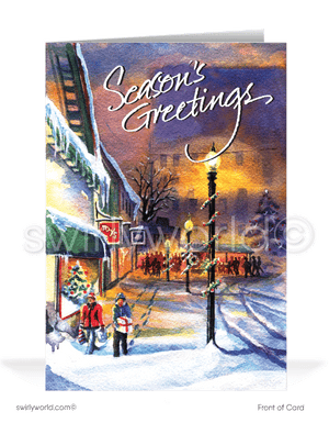 Traditional Watercolor Small Town Cityscape Christmas Holiday Greeting Cards.
