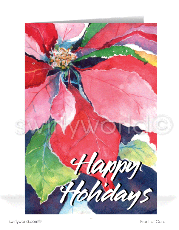Traditional Watercolor Poinsettia Flower Christmas Holiday Greeting Cards.