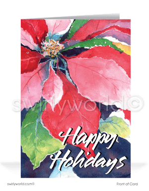 Traditional Watercolor Poinsettia Flower Christmas Holiday Greeting Cards.