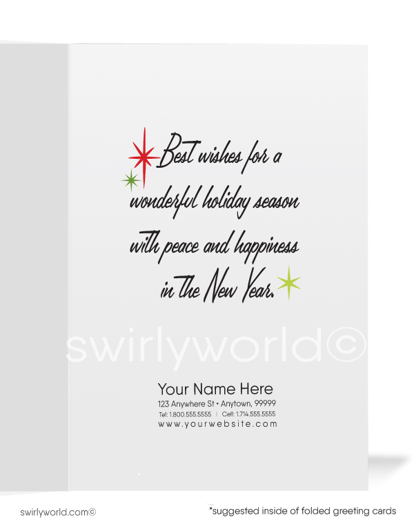 Vintage Watercolor Retro Merry Christmas Tree Starbursts Holiday Greeting Cards