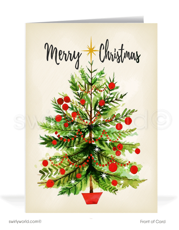 Vintage Watercolor Retro Merry Christmas Tree Starbursts Holiday Greeting Cards