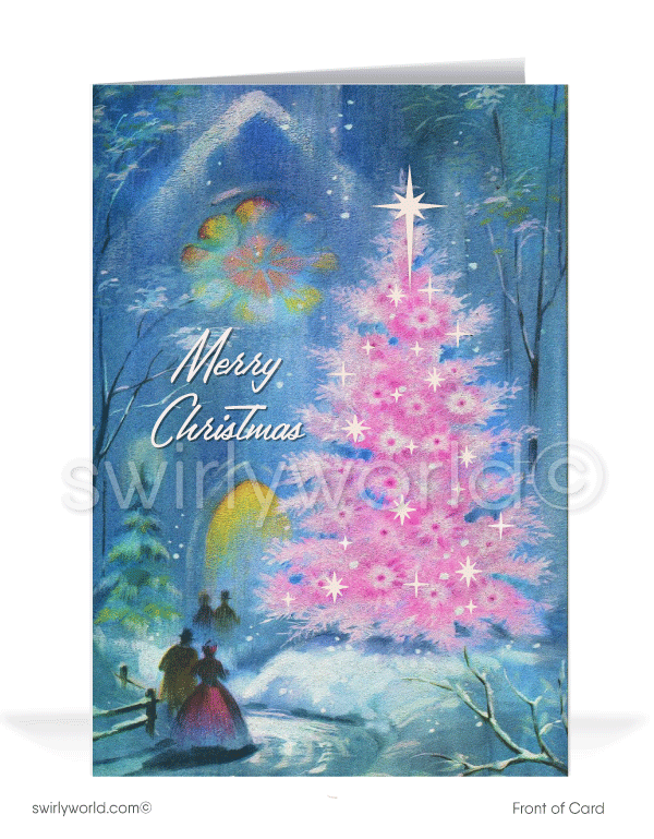 1960s Retro Pink Starbursts Tree Vintage Church Catholic Merry Christmas Holiday Cards