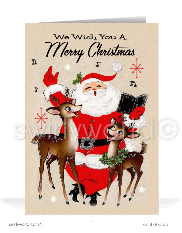 1950's mid-century vintage old fashioned Santa Claus with Reindeers Merry Christmas holiday greeting cards. 