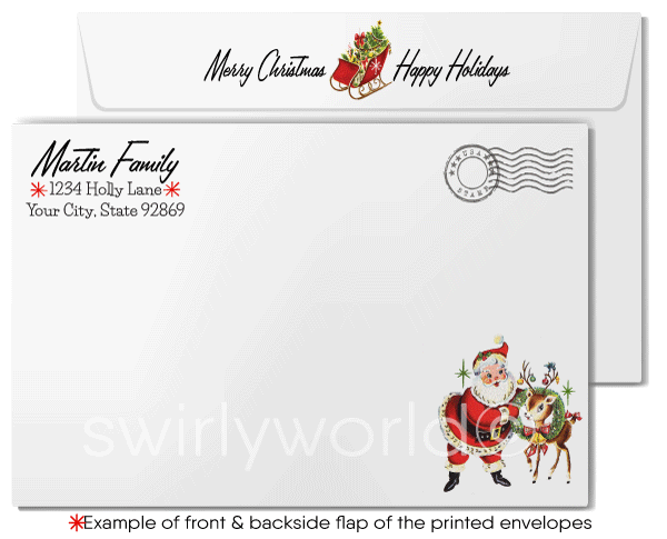 Vintage 1950s Christmas Card with Santa & Mrs. Claus, Festive Wreath, Ornaments, Atomic Starbursts