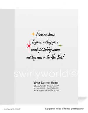 Vintage 1950s Christmas Card with Santa & Mrs. Claus, Festive Wreath, Ornaments, Atomic Starbursts