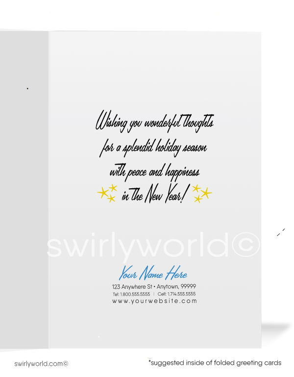 Vintage-style Christmas card with a woman in a white dress among Christmas trees and stars.