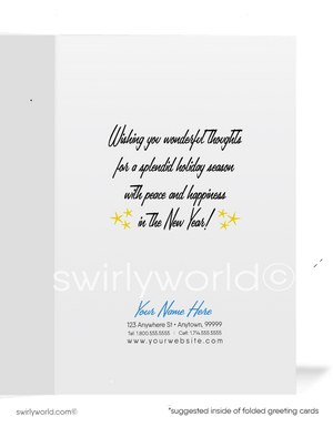 Vintage Christmas Card – Pixie Girl on Candlelit Tree with Blue Starburst Backdrop