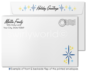 Vintage Christmas Card – Pixie Girl on Candlelit Tree with Blue Starburst Backdrop