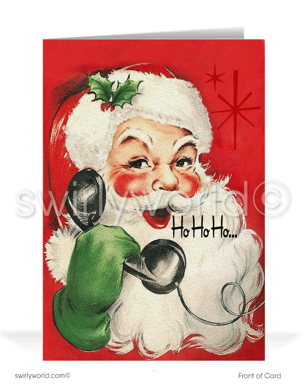 1950's style mid-century Santa Claus Merry Christmas greeting card. 1950s mid-century retro style vintage Merry Christmas holiday cards for company business.