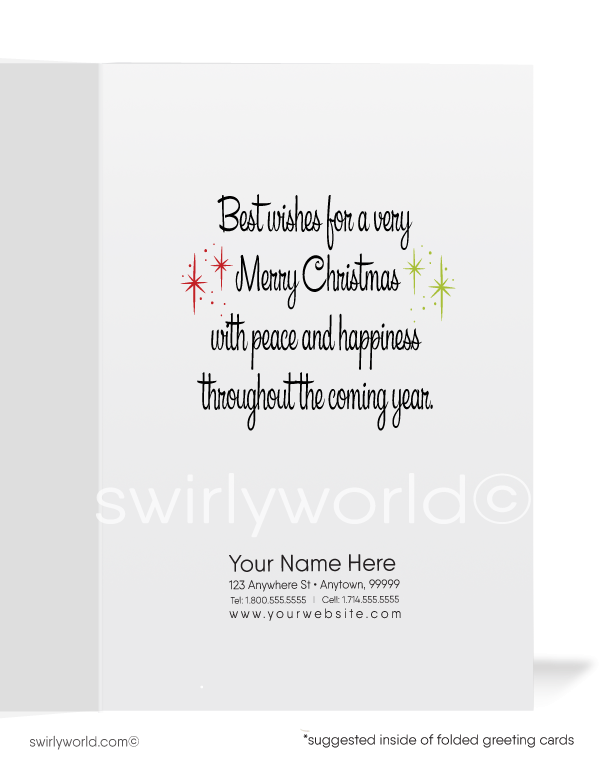 Step back in time with our exclusive vintage Christmas Holiday card design, featuring a dazzling 1950s mid-century modern Christmas tree adorned with vintage ornaments and starbursts. Crafted on premium matte cardstock with authentic mid-century typography, these cards capture the essence of a nostalgic Christmas season.