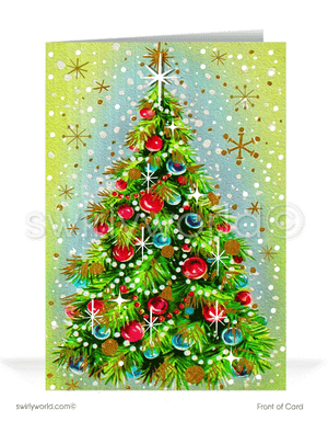 Step back in time with our exclusive vintage Christmas Holiday card design, featuring a dazzling 1950s mid-century modern Christmas tree adorned with vintage ornaments and starbursts. Crafted on premium matte cardstock with authentic mid-century typography, these cards capture the essence of a nostalgic Christmas season.