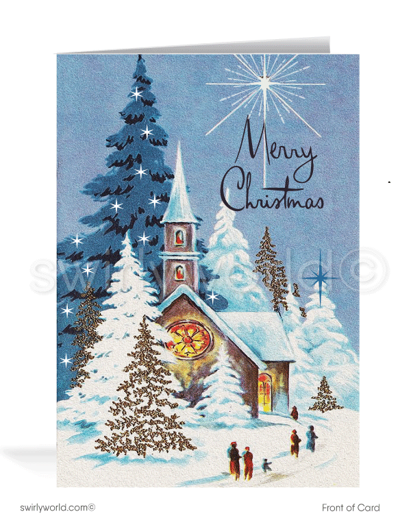 1950s Retro Mid-Century Modern Style Vintage Church Merry Christmas Cards