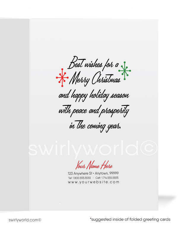 Vintage 1950s Christmas Card - Kitschy Deer in Santa Hat with Holly & Atomic Retro Starbursts