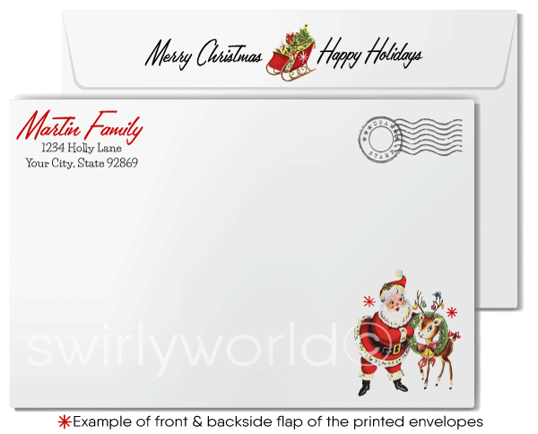 Vintage 1950s Christmas Card - Kitschy Deer in Santa Hat with Holly & Atomic Retro Starbursts