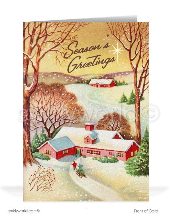 1960s Retro Mid-Century Style Fifties Pink House Vintage Christmas Holiday Cards