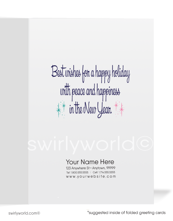 1960s atomic mid-century modern vintage pink Scandinavian retro holiday ornaments design printed Christmas cards.