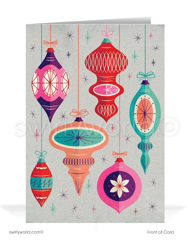 1960s atomic mid-century modern vintage pink Scandinavian retro holiday ornaments design printed Christmas cards.